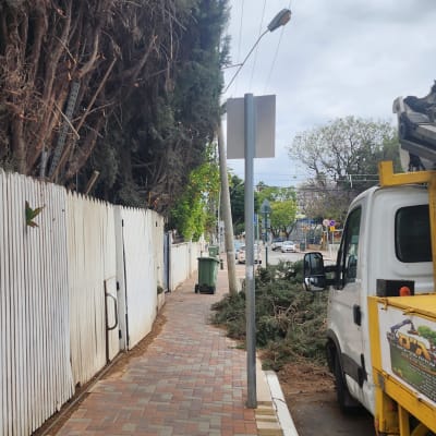 משאית ליד גדר ועצים גזומים על המדרכה
