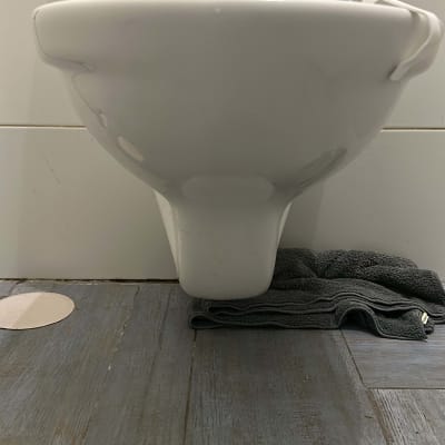 אסלה עם מגבת מתחתיה על רצפת עץ