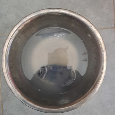 קערת מתכת עם מים ובד כהה בתוכה