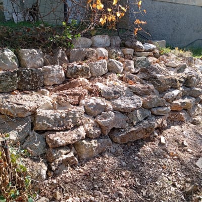 קיר אבנים בגינה עם צמחים מטפסים