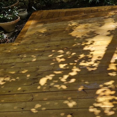 דק עץ עם עציצים מסביב בגן