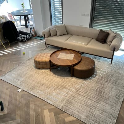 ספה בהירה עם כריות על שטיח גדול