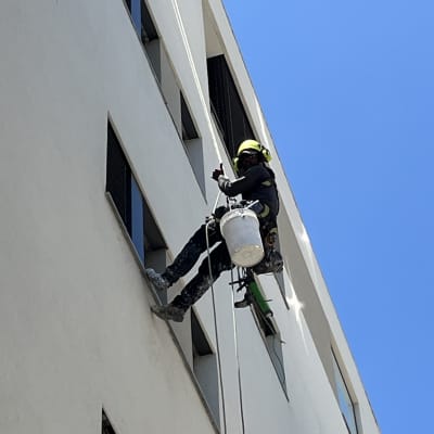 אדם תלוי על חבל מנקה חלונות בבניין גבוה