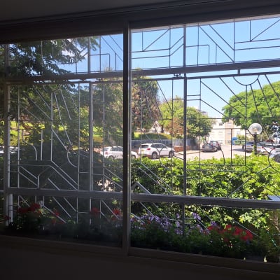 חלון עם סורגים ונוף חיצוני של עצים ומכוניות