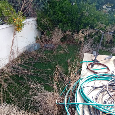 צינורות וכלים בגינה עם צמחייה יבשה