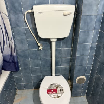 אסלה ומיכל הדחה בחדר אמבטיה עם אריחים כחולים