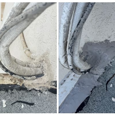 צינורות מבודדים על קיר עם חומר איטום אפור