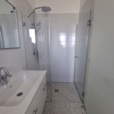 מקלחת עם ראש מקלחת וכיור לבן