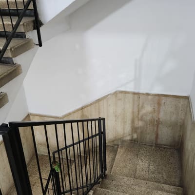 מדרגות עם מעקה מתכת, כלי עבודה ירוק