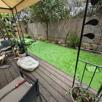 כלי גינון על דק עץ ליד דשא סינתטי וצמחים בעציצים