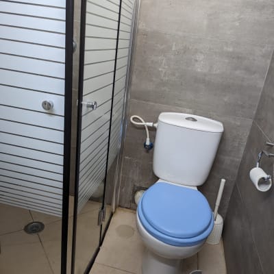 שירותים עם מושב כחול ומקלחון זכוכית