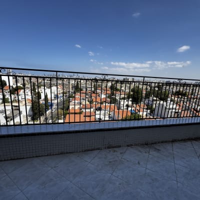 מעקה ברזל עם נוף עירוני ברקע