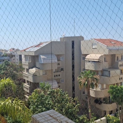 רשת למניעת כניסת יונים על רקע בניין מגורים ועצים