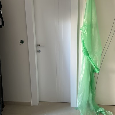 דלת לבנה עם ידית כסופה ויריעה ירוקה בצד