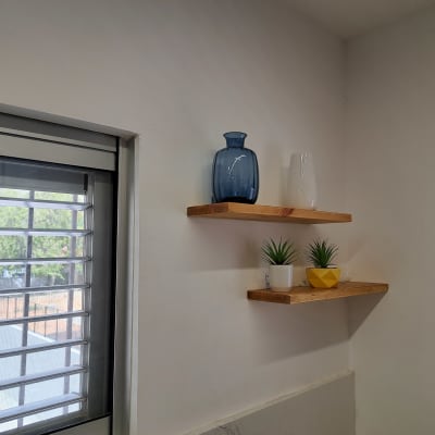 מדף עץ עם אגרטלים וצמחים דקורטיביים