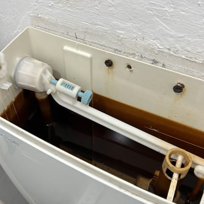 מיכל הדחה פתוח עם חלודה ומנגנון פלסטיק