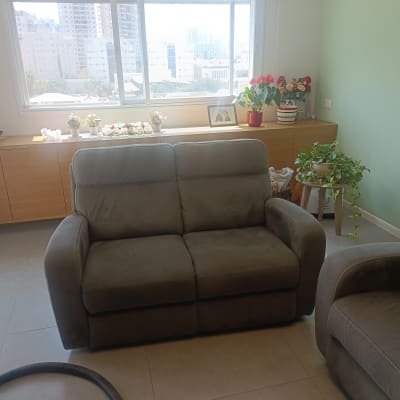 ספה בחדר עם צמחים וחלון גדול