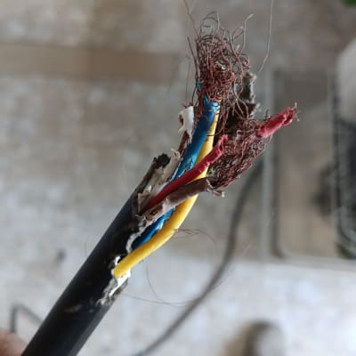 כבל חשמל קרוע עם חוטים חשופים צבעוניים