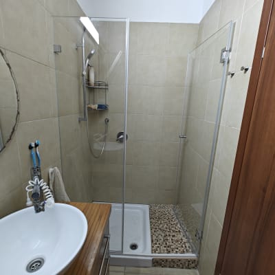 מקלחון עם דלת זכוכית ומדף עם מוצרי רחצה