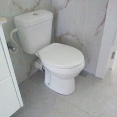 אסלה לבנה עם מיכל הדחה בחדר אמבטיה