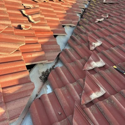 רעפים שבורים על גג עם נזק נראה לעין