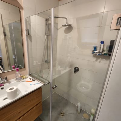 מקלחת עם ראש מקלחת, בקבוקי סבון ומדף קטן