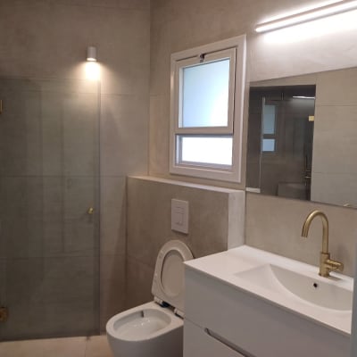 חדר אמבטיה משופץ עם כיור, ברז מוזהב ומקלחון