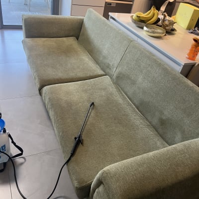 ספה ירוקה עם ציוד ניקוי בסביבה ביתית