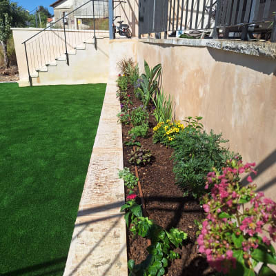 ערוגת פרחים עם צמחים ופרחים צבעוניים בגינה