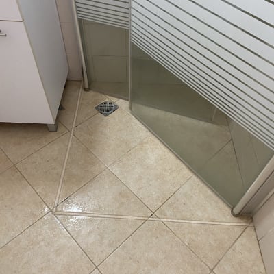 מקלחון עם דלת זכוכית ורצפת אריחים