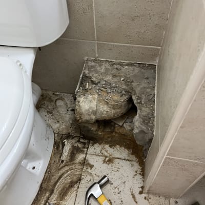 כלי עבודה ליד שירותים, פטיש ומברג על הרצפה