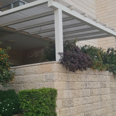 צמחים ירוקים ופרחים לבנים בגינה ליד קיר אבן