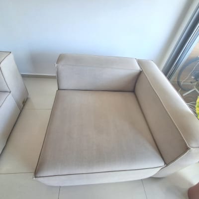 ספה נקייה ליד חלון עם צמח בעציץ