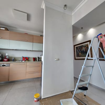 סולם, מגש צבע, רולר, קיר צבוע, דלי צבע