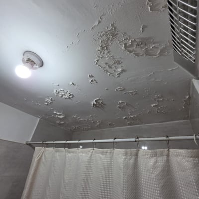 תקרה מתקלפת עם סימני רטיבות בחדר אמבטיה