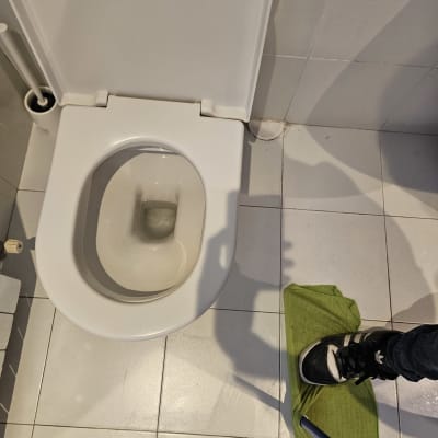 ניקוי רצפה ליד אסלה עם מגב ובד ירוק