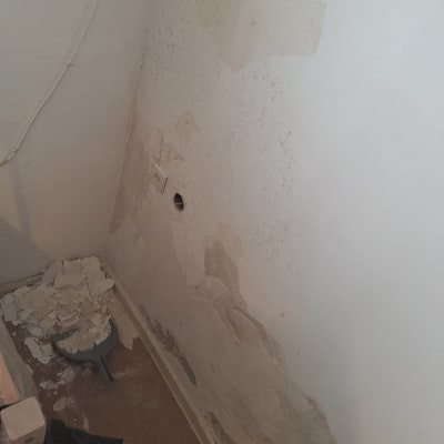 קיר מתקלף עם כתמי רטיבות וקרש צבע