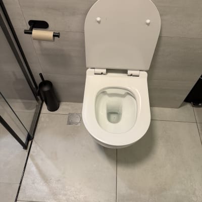 אסלה בחדר אמבטיה עם מחזיק נייר טואלט ריק
