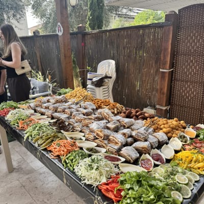 שולחן עם מגוון ירקות ומאכלים לאירוח