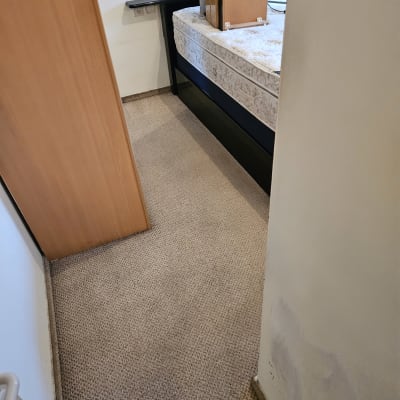 שטיח בהיר בחדר שינה עם מיטה וארון