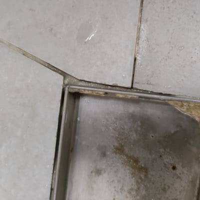 רצפה רטובה עם סימני דליפה ליד חיבורי אריחים