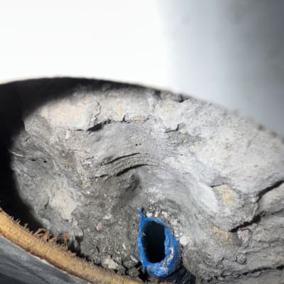 צינור כחול שבור בתוך קיר בטון