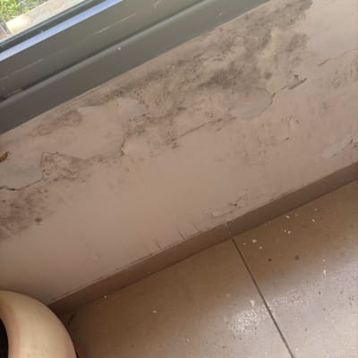 קיר עם סימני רטיבות והתקלפות ליד חלון