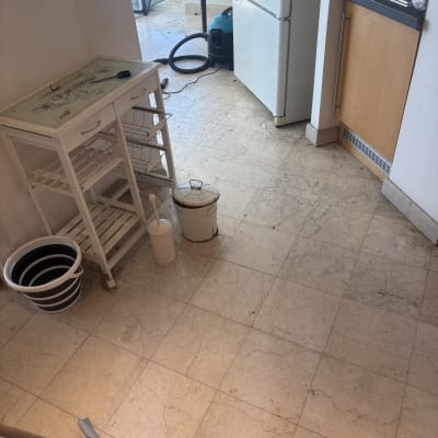 רצפה נקייה עם כלי ניקוי ודלי במטבח