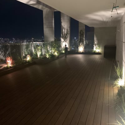 צמחים מוארים באדניות לאורך מרפסת בלילה