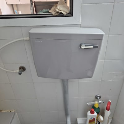 אסלה עם מיכל הדחה ומוצרי ניקוי בחדר אמבטיה