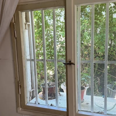 חלון עם סורגים וצמחים בחוץ