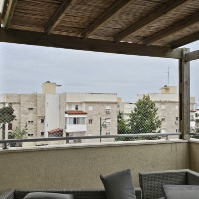 רשת הגנה נגד יונים במרפסת עם גג עץ