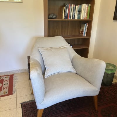 כורסה עם כרית מול מדף ספרים בחדר