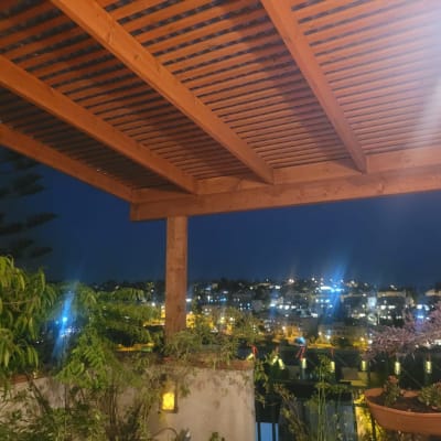 פרגולה מעץ עם צמחים מסביב